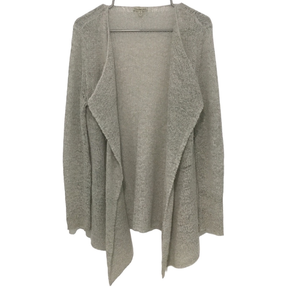 Calvin Klein Jeans open knit cardigan, shawl, size medium, gray, black thread
